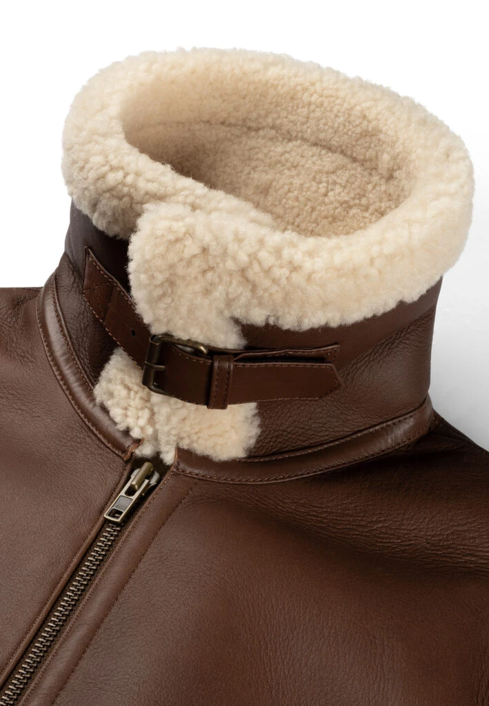 Men’s Shearling Jacket – The Hunter – Cognac Brown Lambskin & White Wool Winter Jacket - Image 3