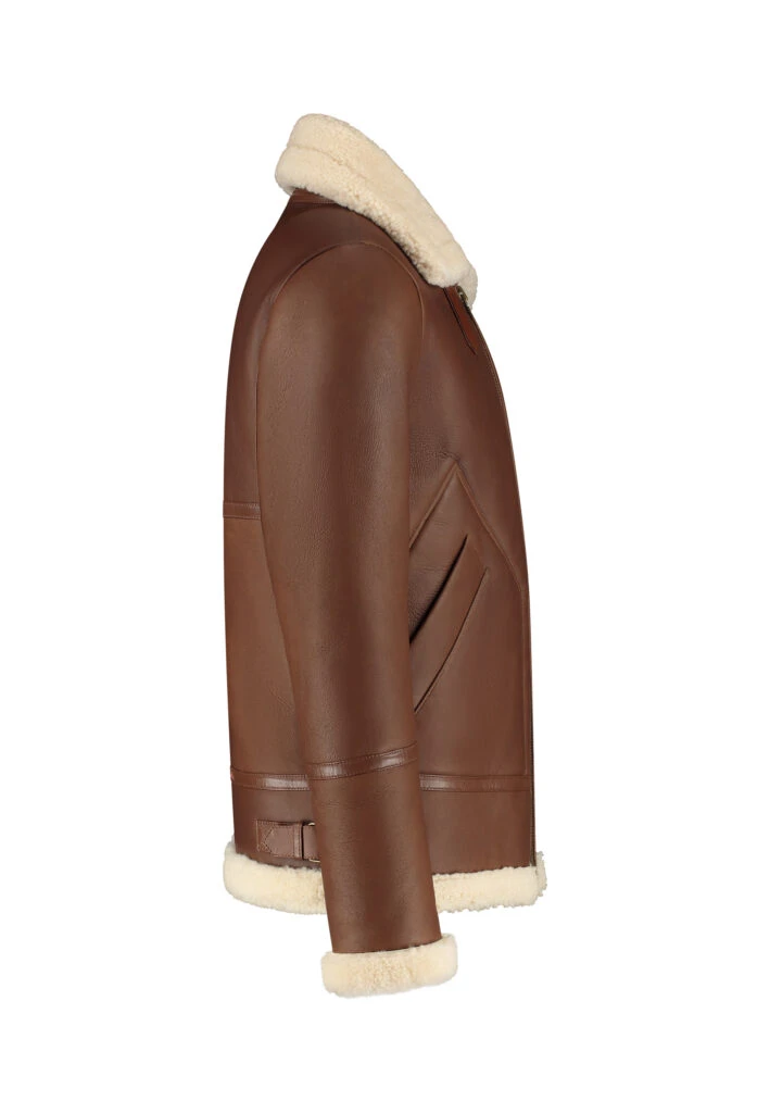 Men’s Shearling Jacket – The Hunter – Cognac Brown Lambskin & White Wool Winter Jacket - Image 4