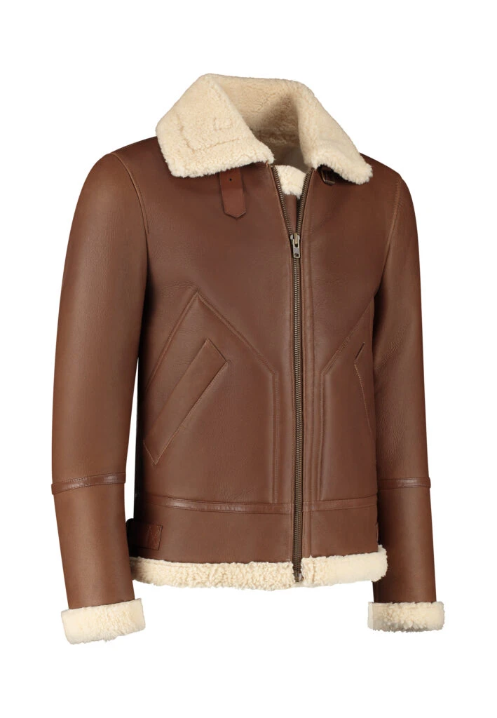 Men’s Shearling Jacket – The Hunter – Cognac Brown Lambskin & White Wool Winter Jacket - Image 5