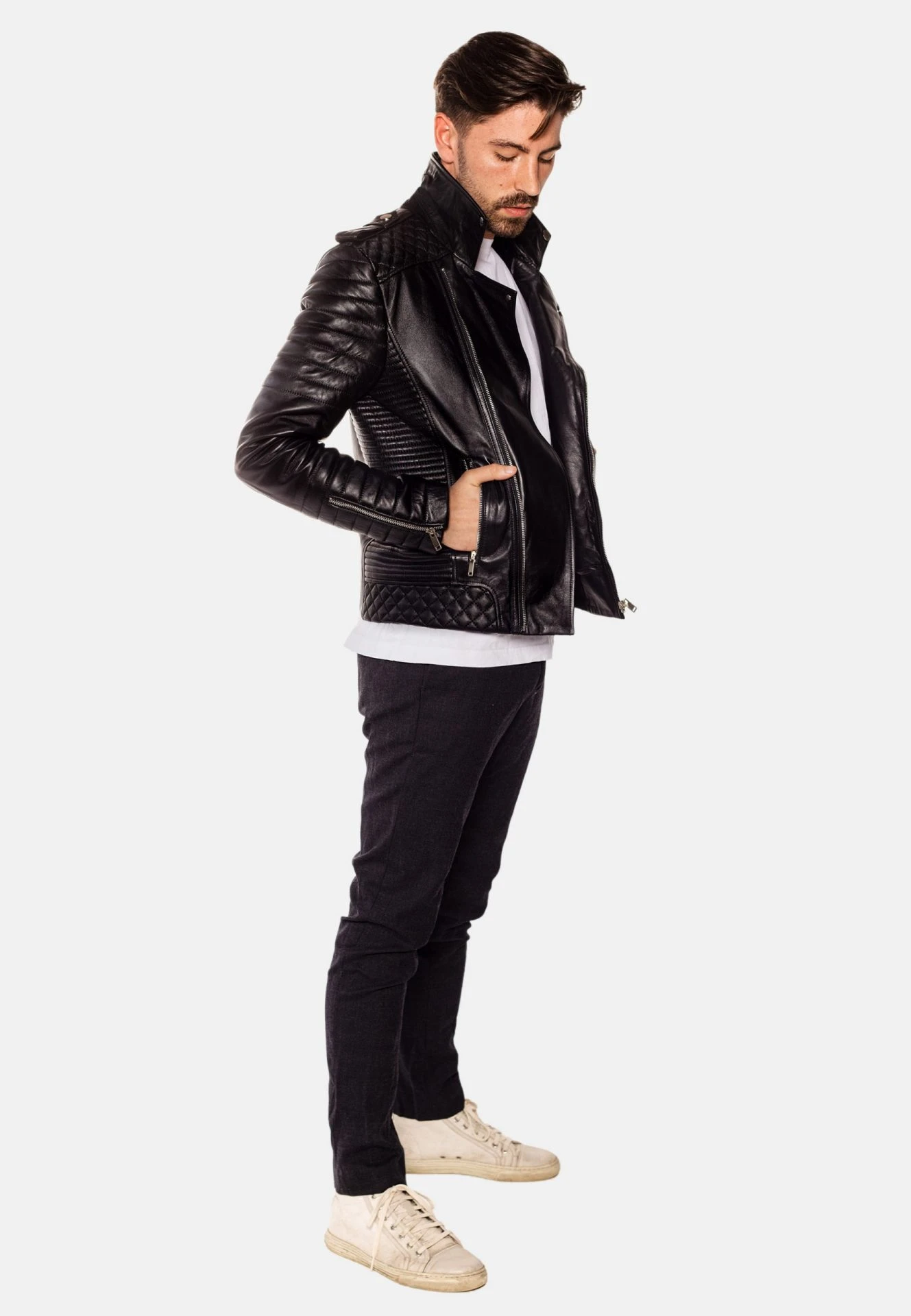 Jordan Perfecto Men's Black Leather Jacket – Classic Biker with Asymmetric Zipper - Image 2