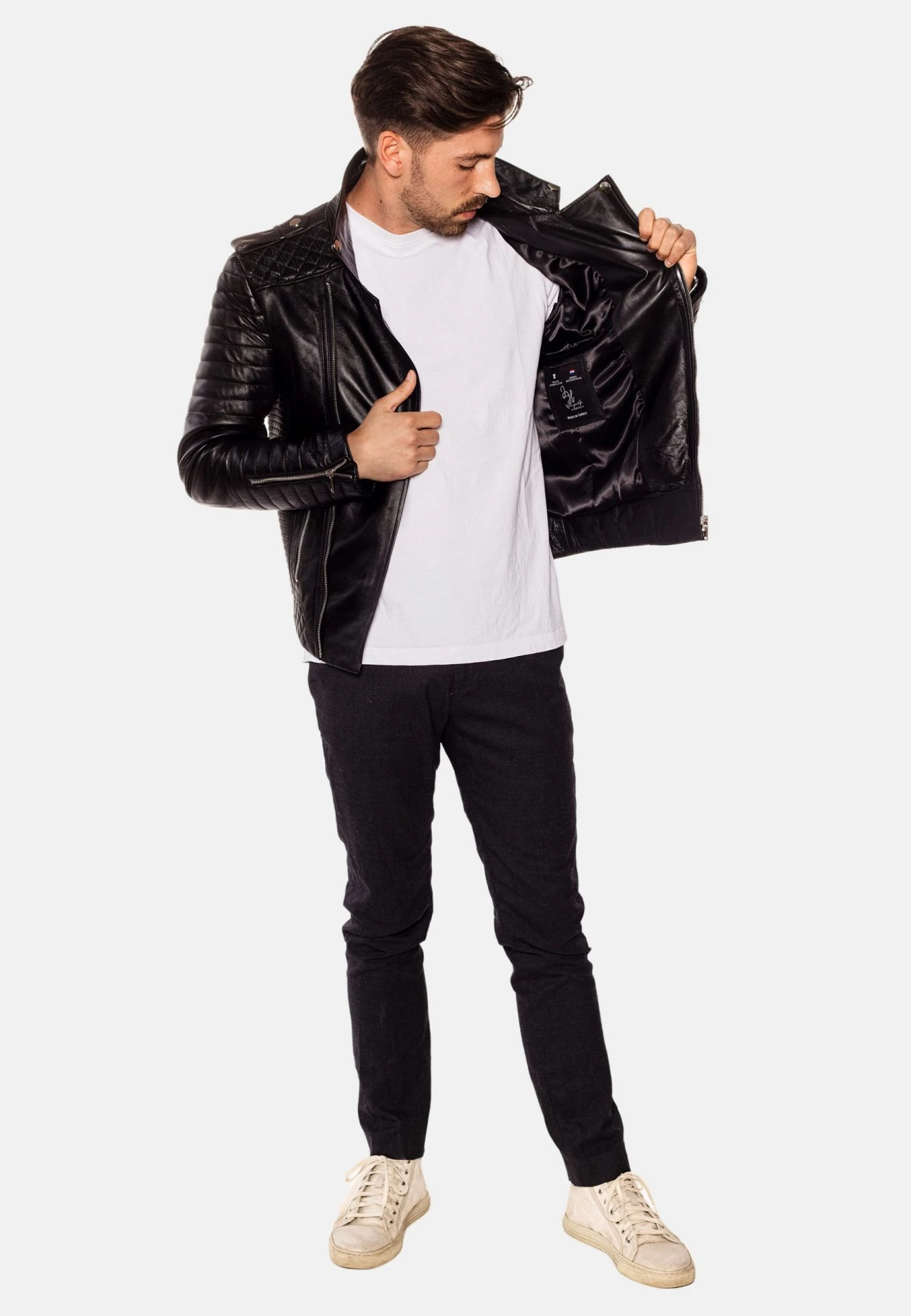 Jordan Perfecto Men's Black Leather Jacket – Classic Biker with Asymmetric Zipper - Image 3