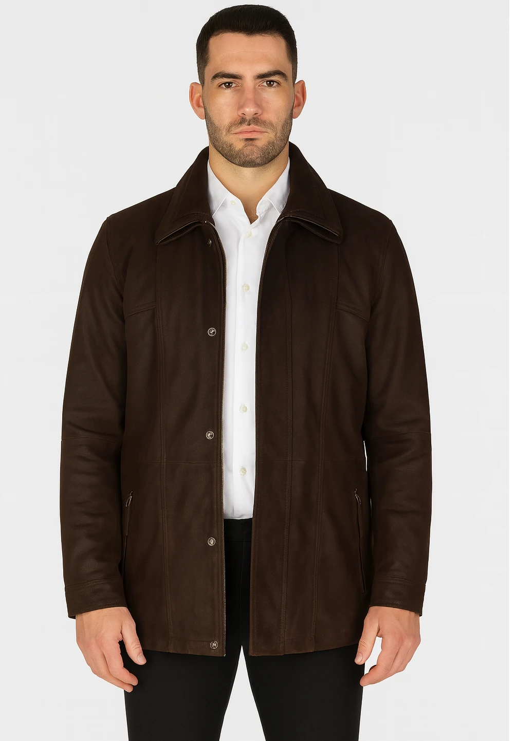 Buff Brown Leather Parka – Men's Leather Jacket with Removable Wool Collar – 2 Jackets in 1 - Image 3