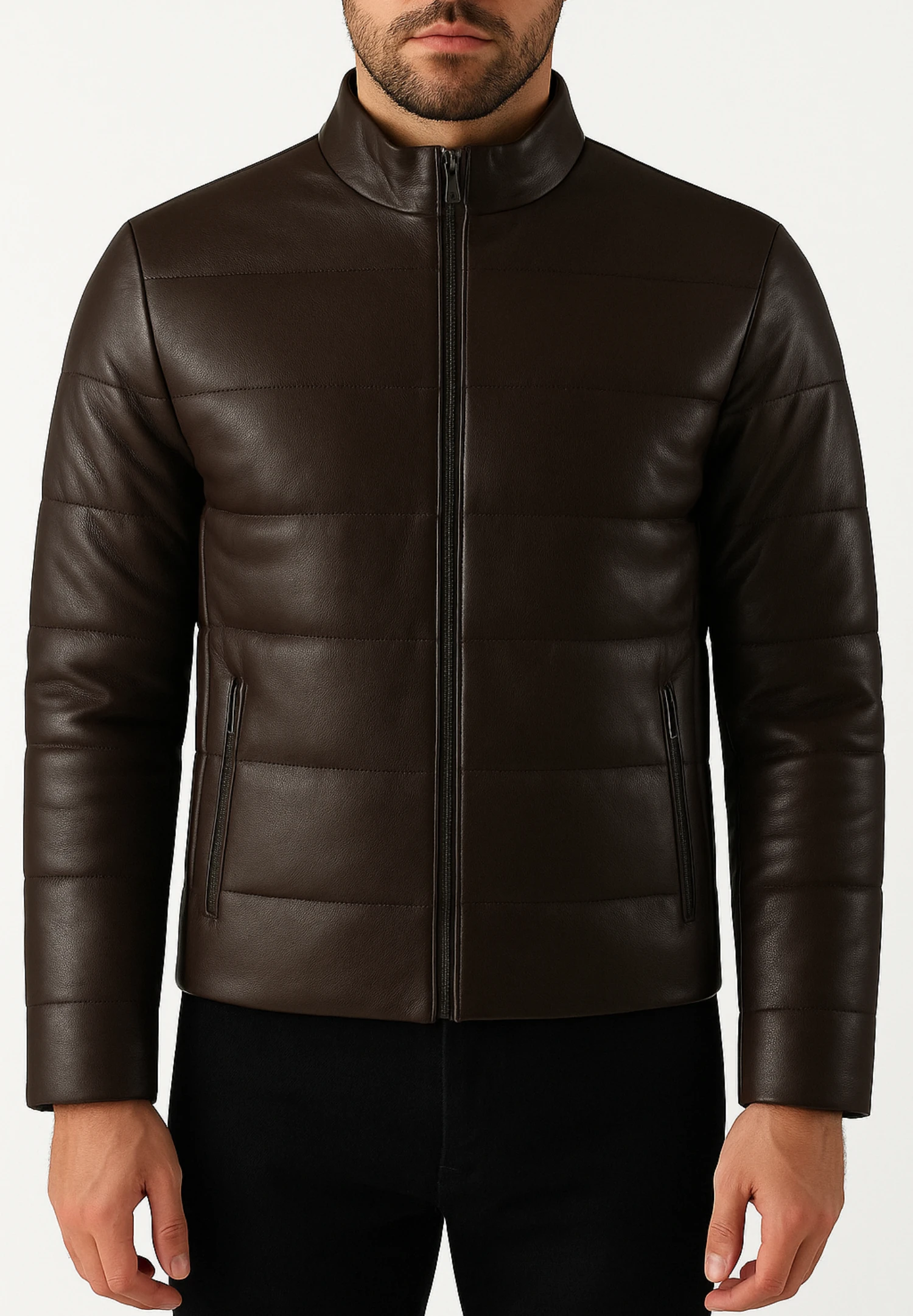 Men’s Puffer Leather Jacket – Venusio – Chocolate Brown Slim Fit Bomber - Image 5