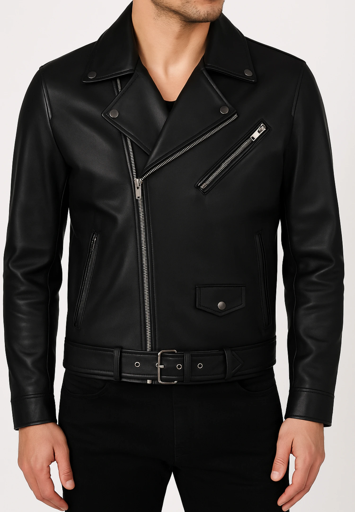 Odin Perfecto Black Leather Biker Jacket – Classic Belted Asymmetric Style - Image 5