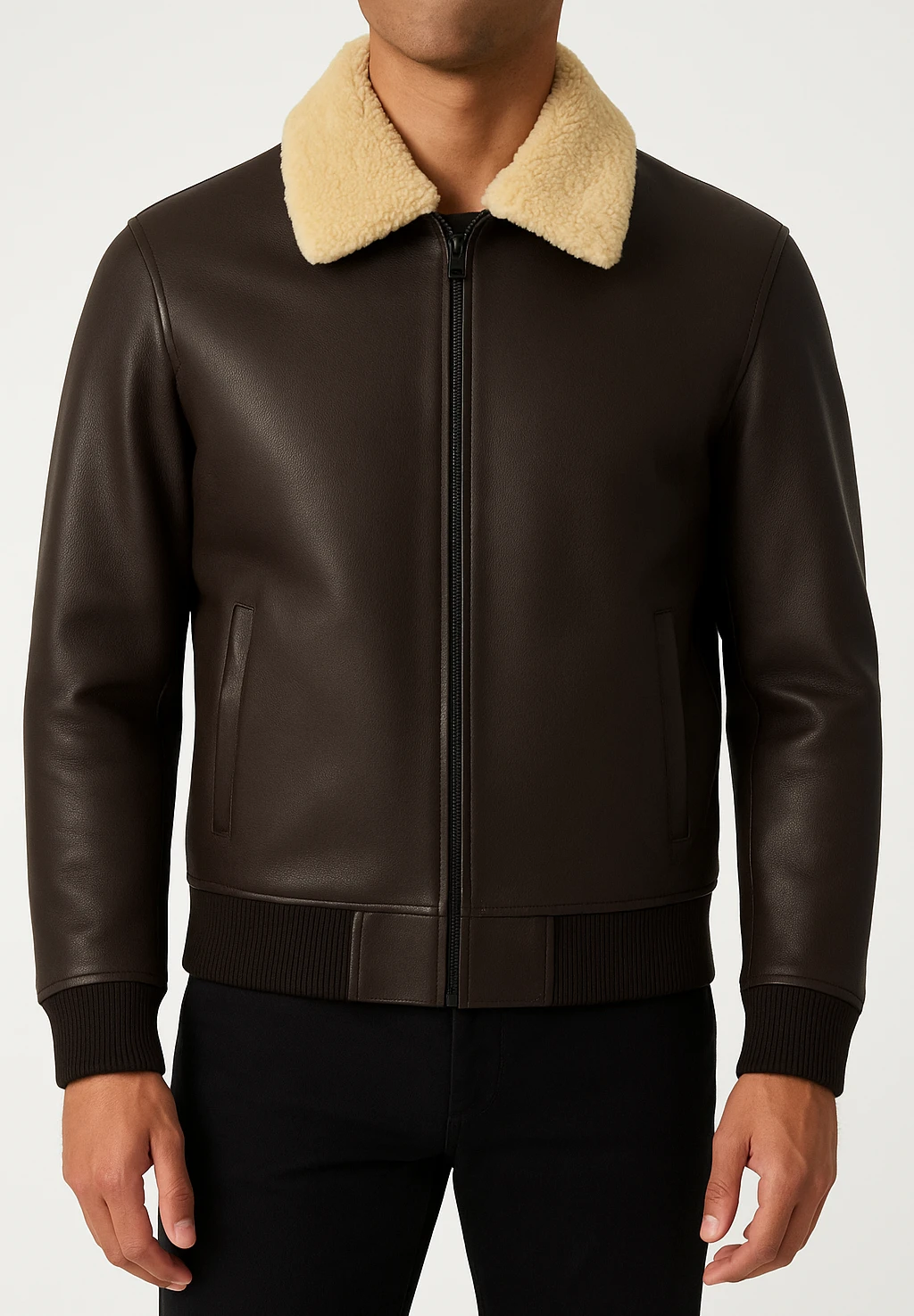 The Commendent – Men's Brown Leather Aviator Jacket with Removable Collar - Image 6