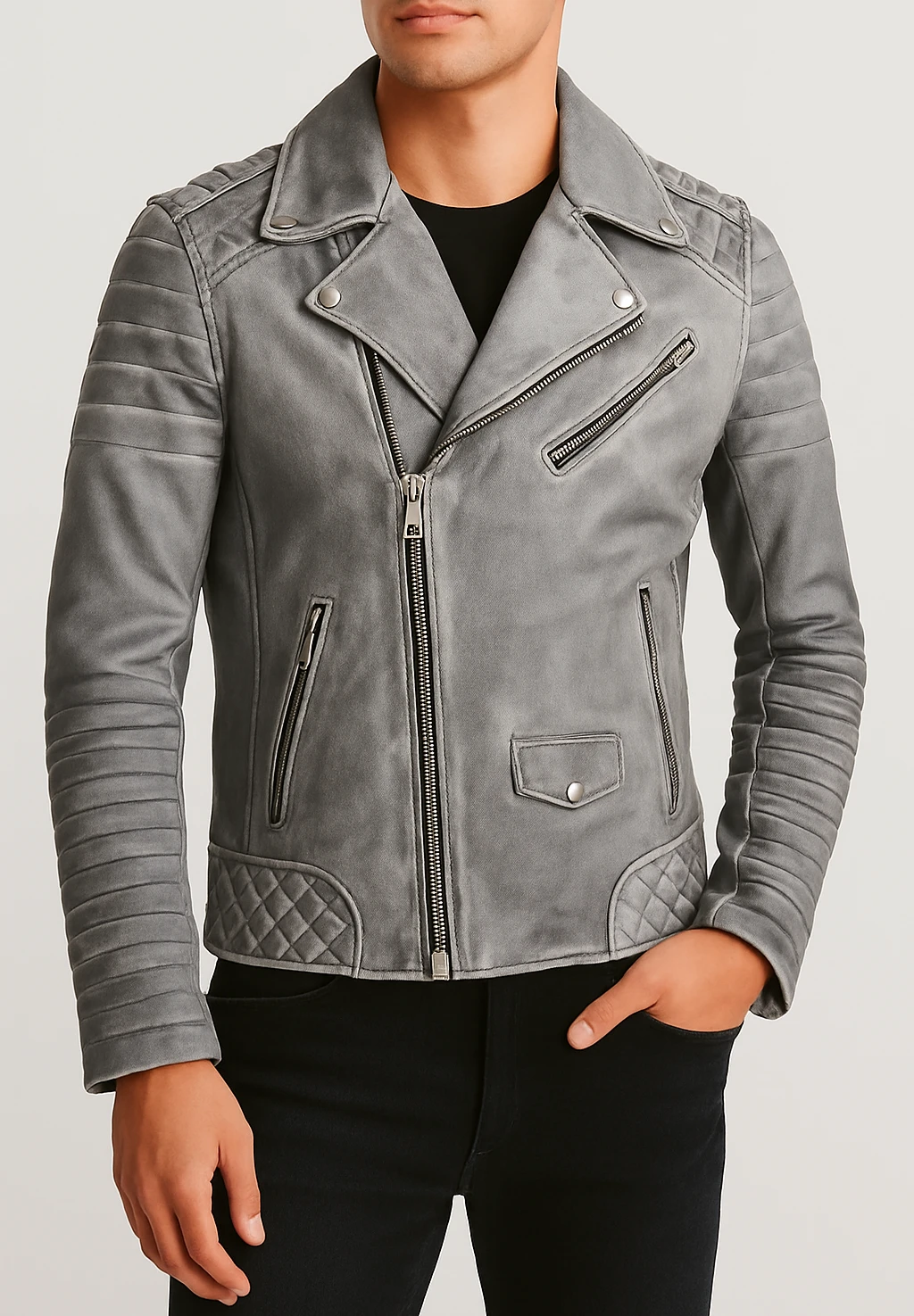 Jordan Perfecto Men's Grey Leather Jacket – Classic Biker with Asymmetric Zipper - Image 2