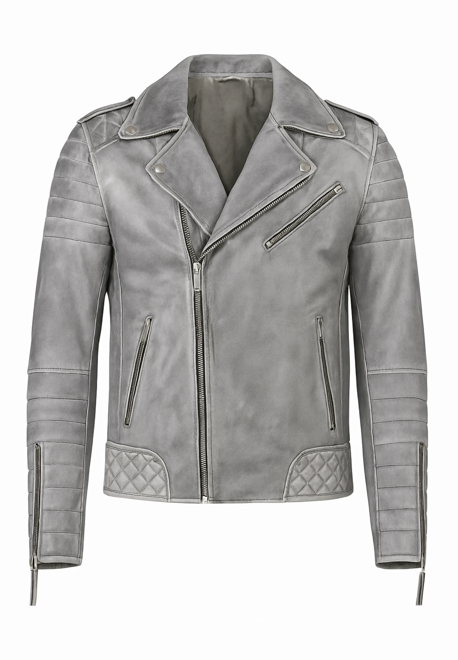 Jordan Perfecto Men's Grey Leather Jacket – Classic Biker with Asymmetric Zipper - Image 3