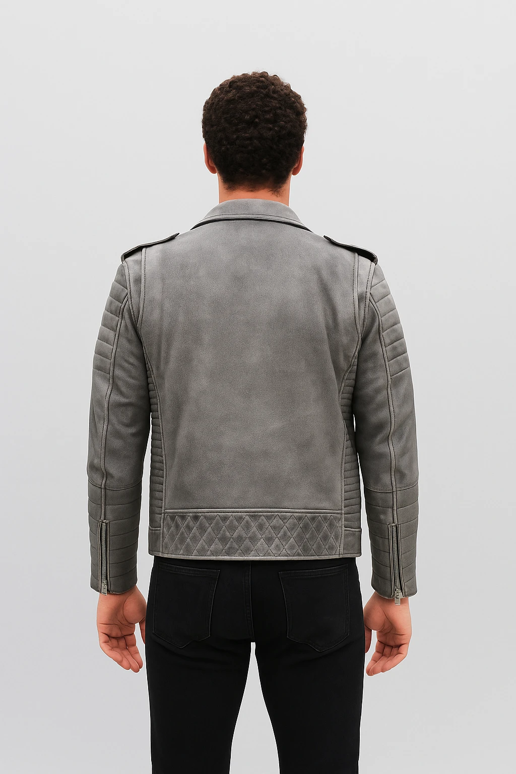 Jordan Perfecto Men's Grey Leather Jacket – Classic Biker with Asymmetric Zipper - Image 4