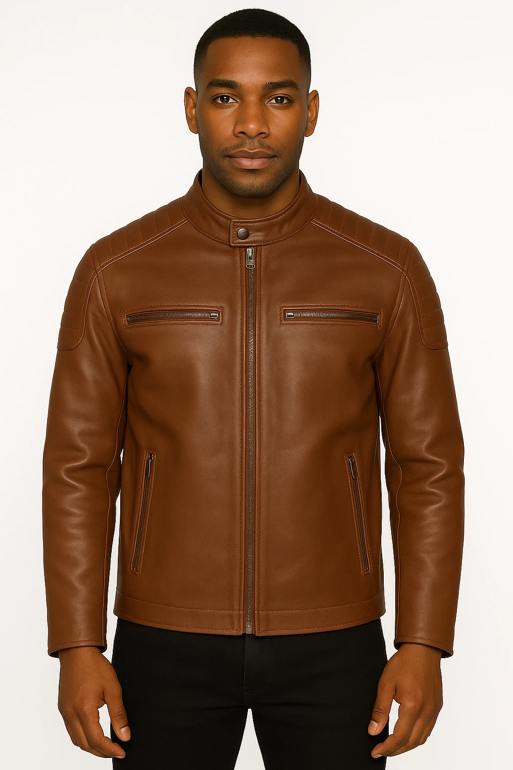 Elegant model wearing the Harrison Brown Leather Jacket by Cycas D’Or, showcasing the refined craftsmanship and timeless biker silhouette in genuine brown leather.