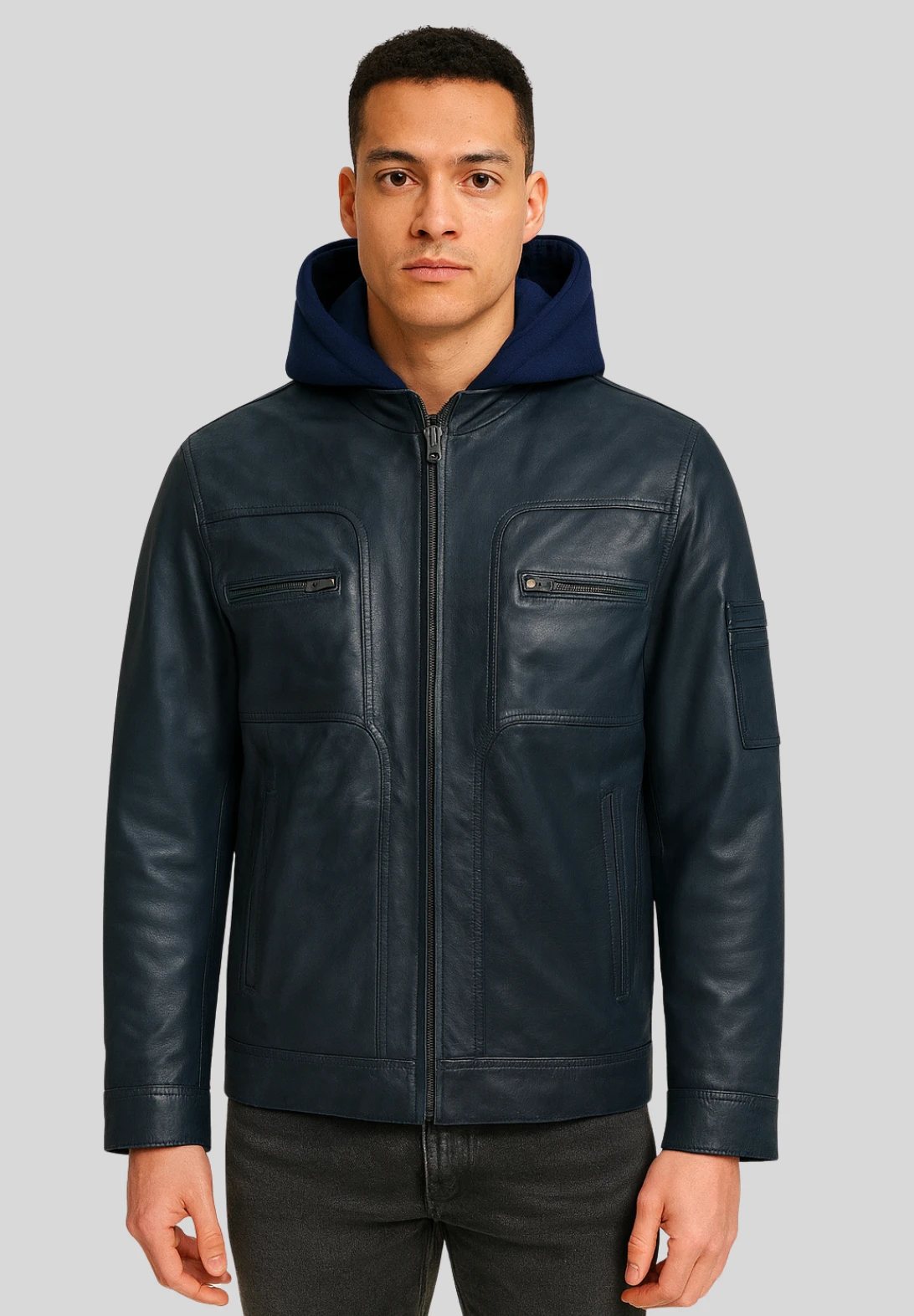 The Voyageur Royal blue Leather Jacket – Premium Biker Jacket with Removable Wool Collar & Hood - Image 5