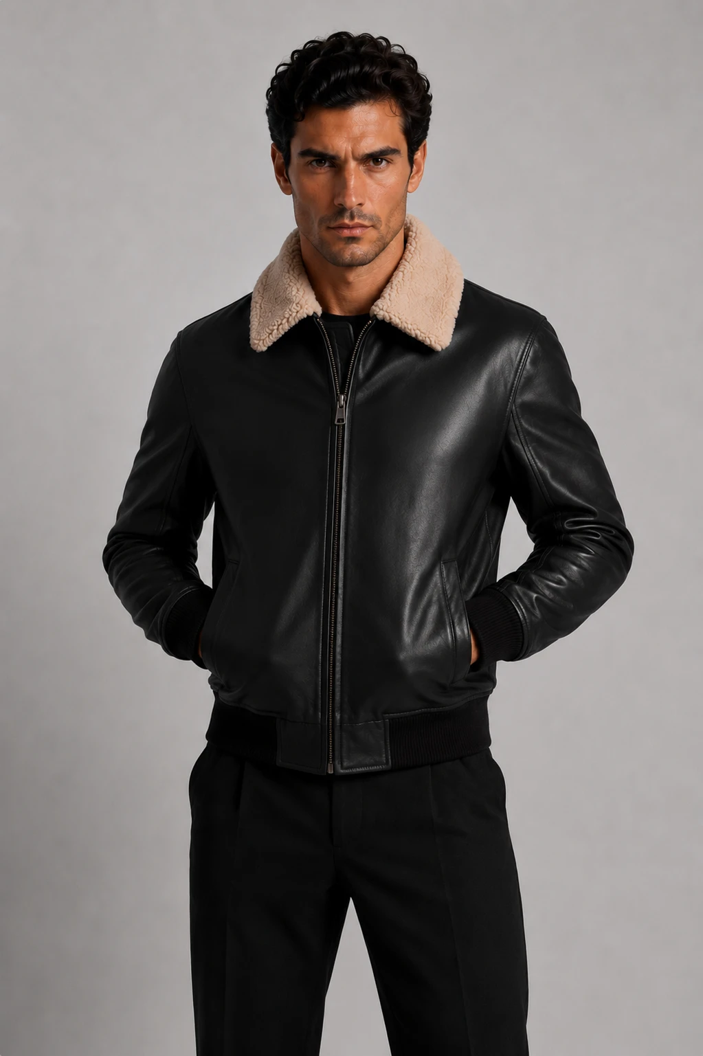 The Commendent – Men's Leather Aviator Jacket Black with Removable Fur - Obrázek 8
