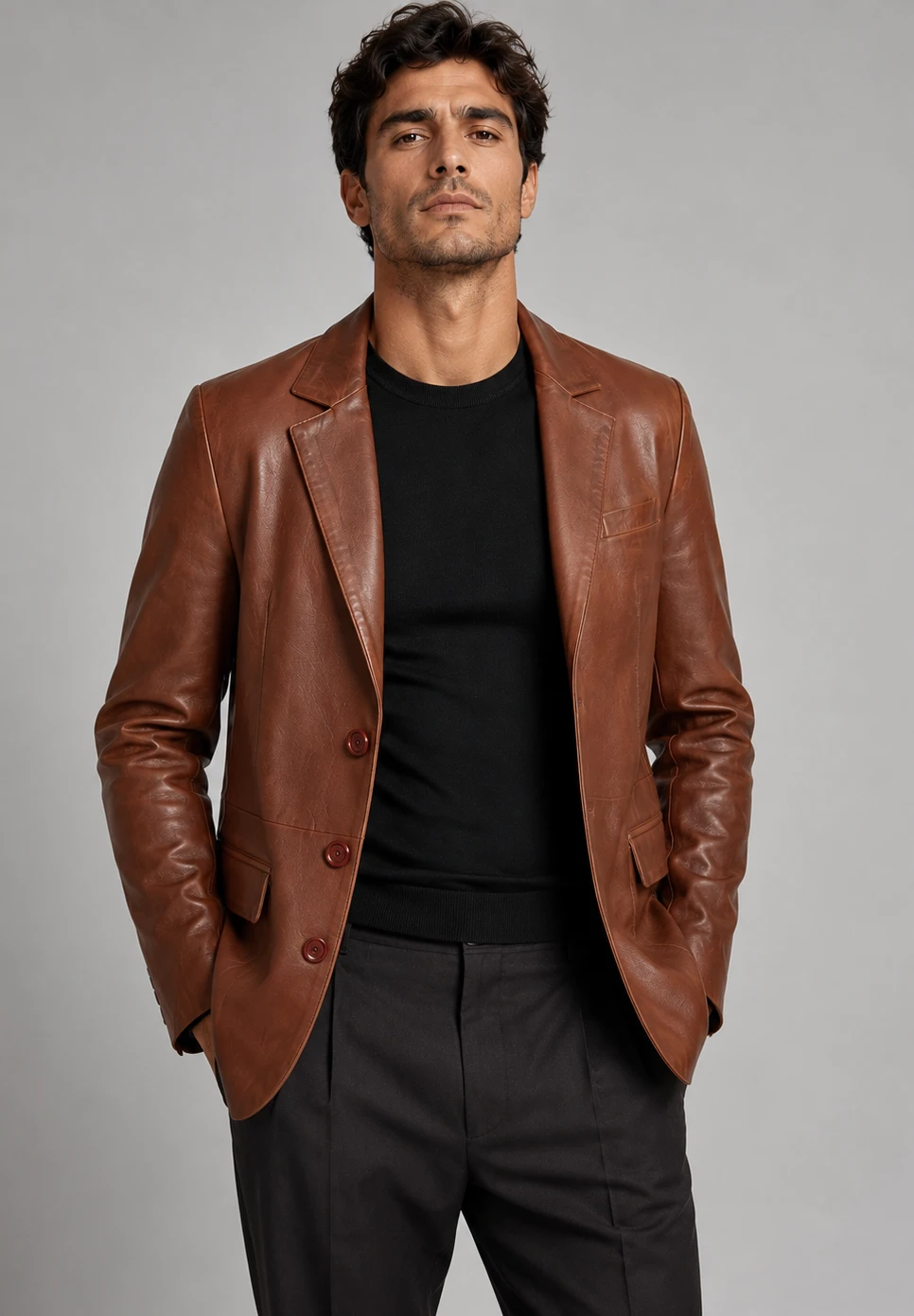 Front view of the Brown Leather Blazer by Cycas D’Or. Crafted in premium cognac lamb leather with three-button closure, structured lapels, and timeless silhouette.