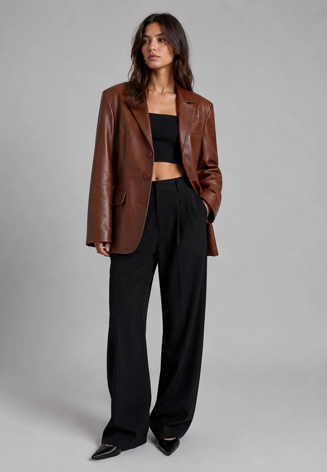 Hype Oversized Leather Blazer - Brown - Gallery Image