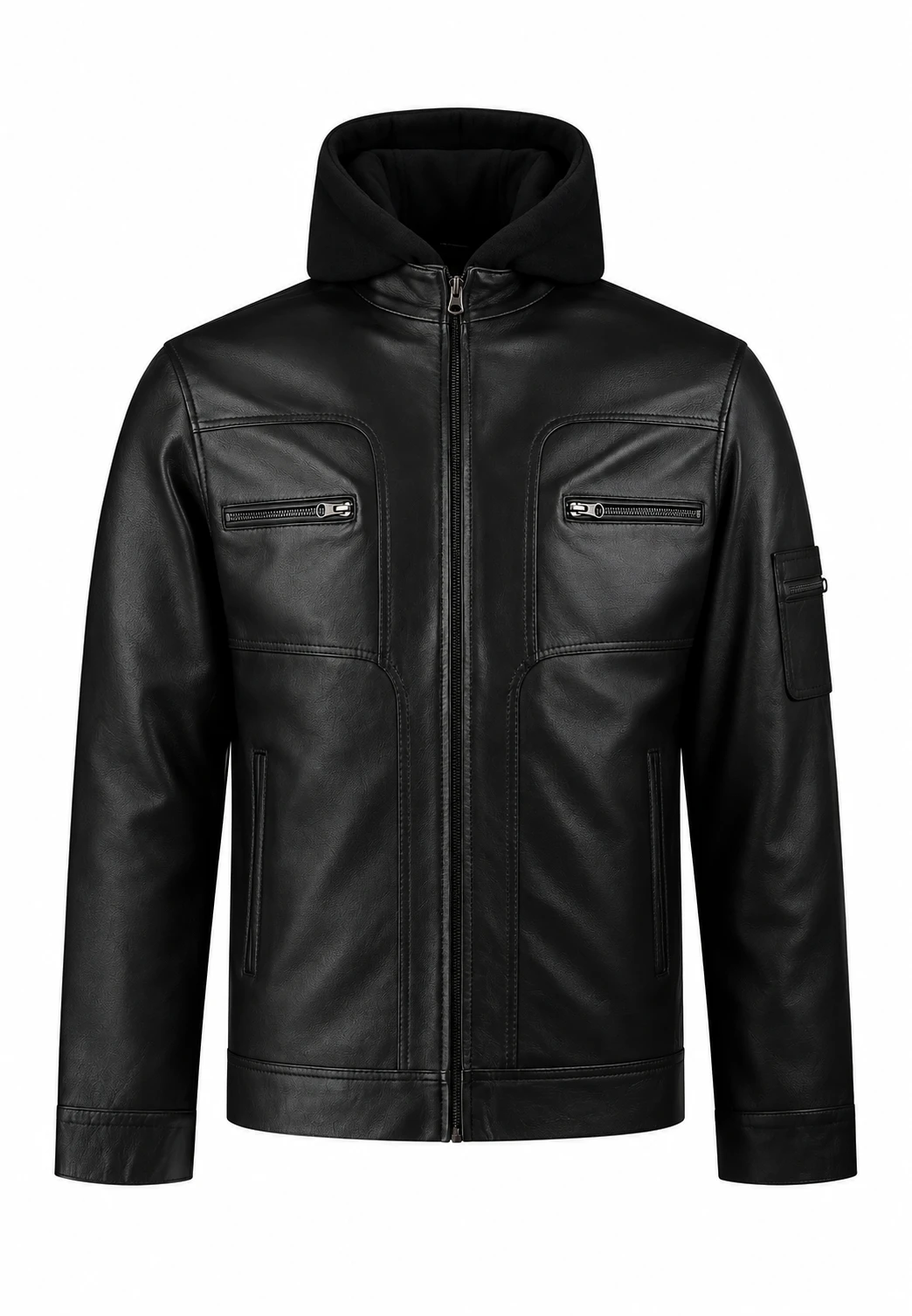 Veste The Voyageur en Cuir Noir - Coupe Ajustée avec Capuche en Laine Amovible - Image 5