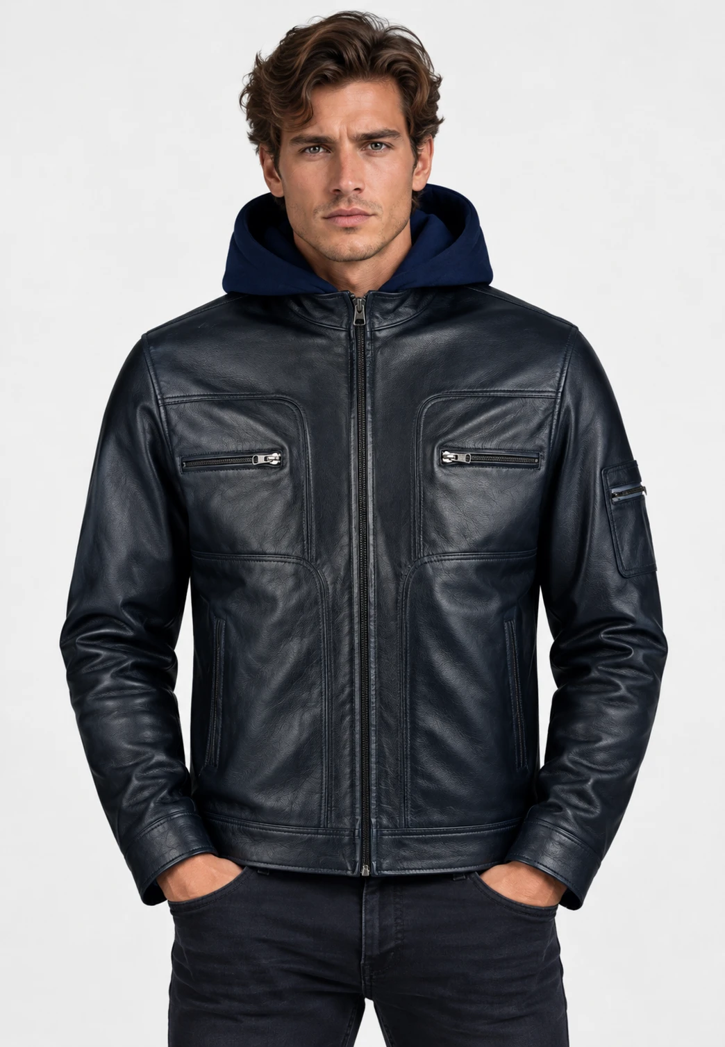URBAN Royal blue Leather Jacket – Premium Biker Jacket with Removable Wool Collar & Hood - Image 6