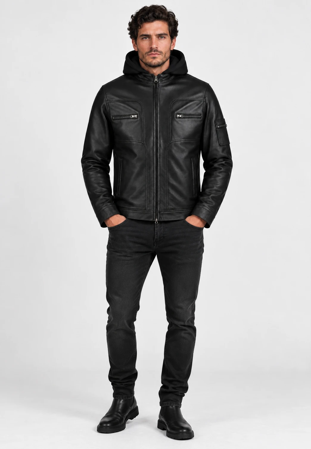 Veste The Voyageur en Cuir Noir - Coupe Ajustée avec Capuche en Laine Amovible - Image 6