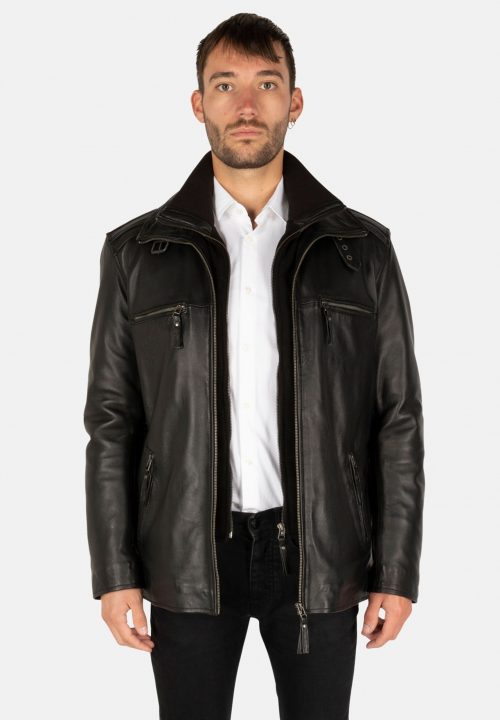 FLEX BLACK LEATHER PARKA – REMOVABLE WOOL COLLAR – 2 JACKETS IN 1