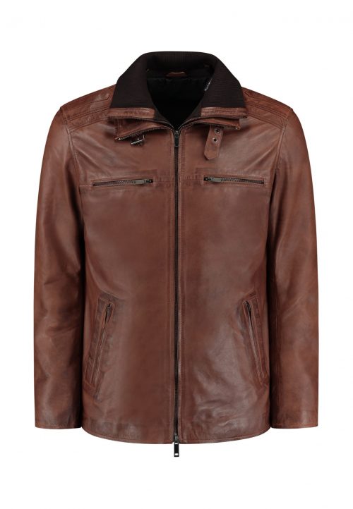 FLEX BROWN LEATHER PARKA – REMOVABLE WOOL COLLAR – 2 JACKETS IN 1